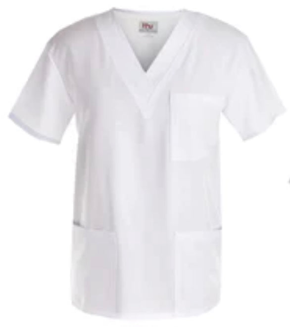 Beverly Hills Unisex Stretch White Scrub Top