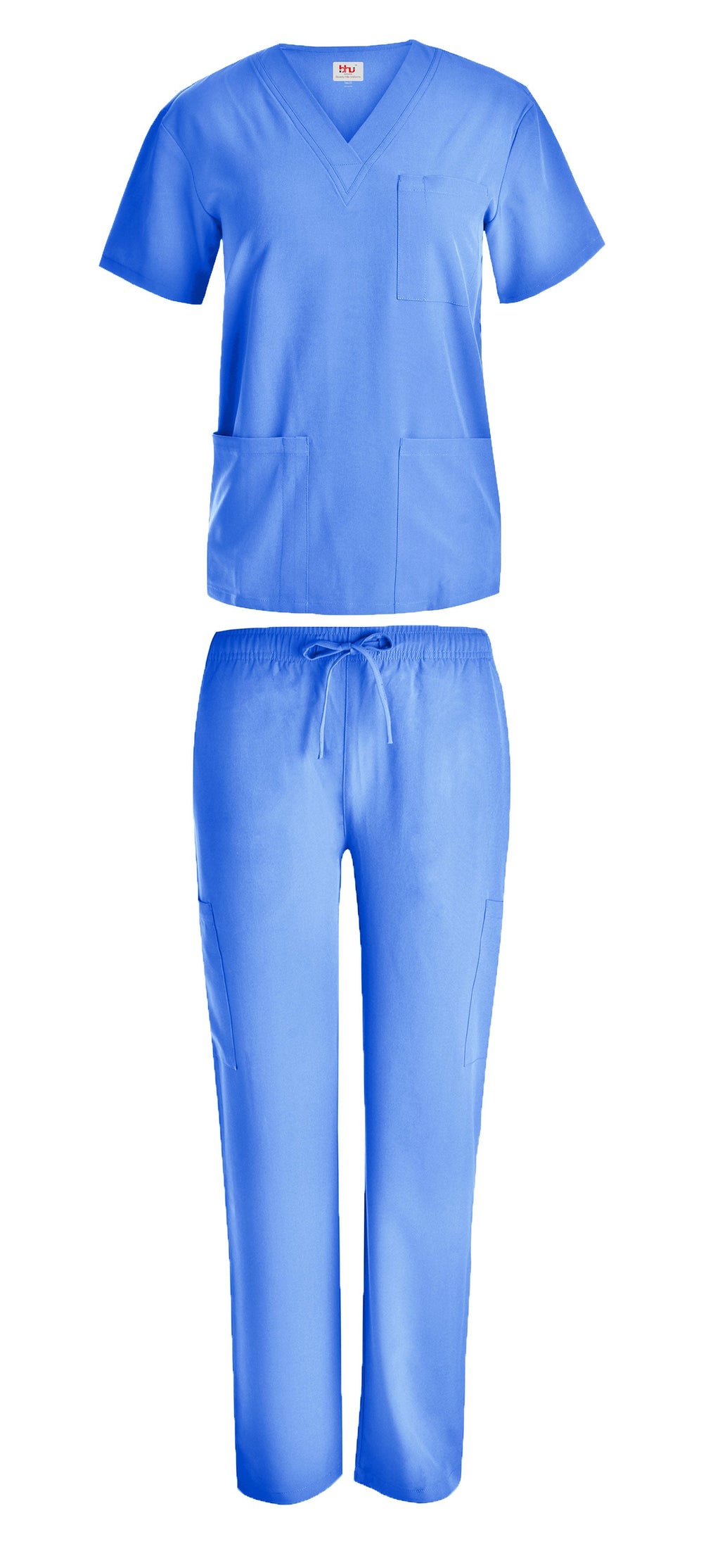 Blue medical scrub set with top and pants on a white background