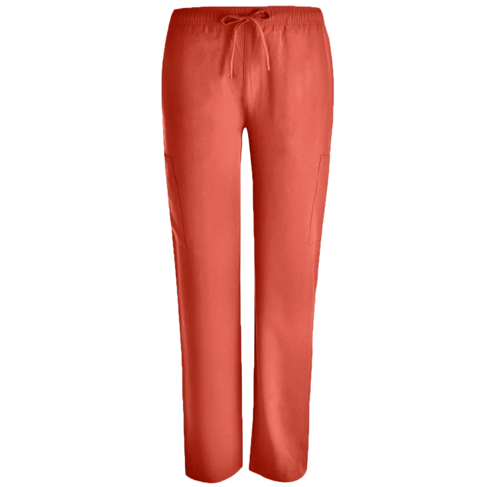 Tangerine-colored scrub set with top and pants on a white background