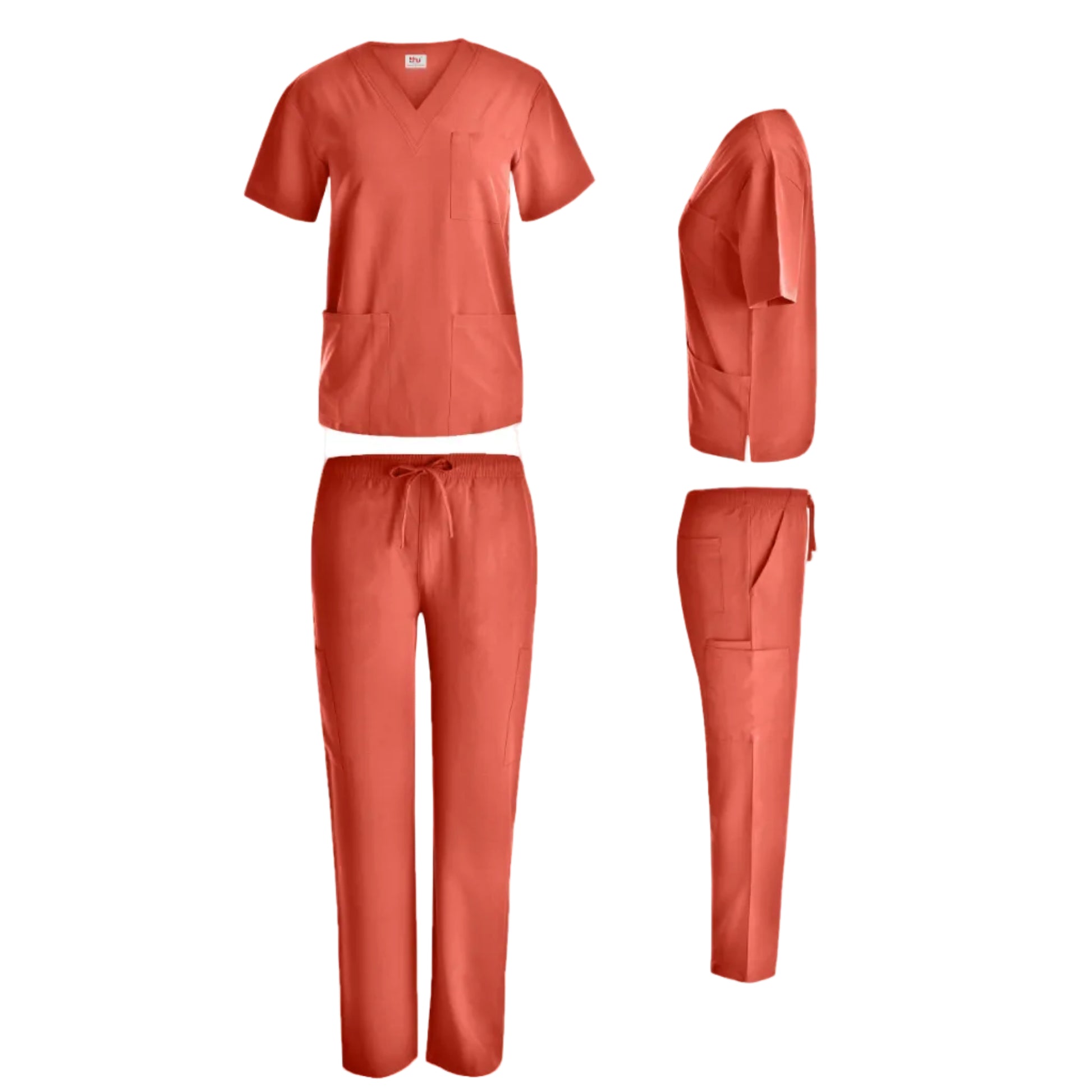 Tangerine-colored scrub set with top and pants on a white background
