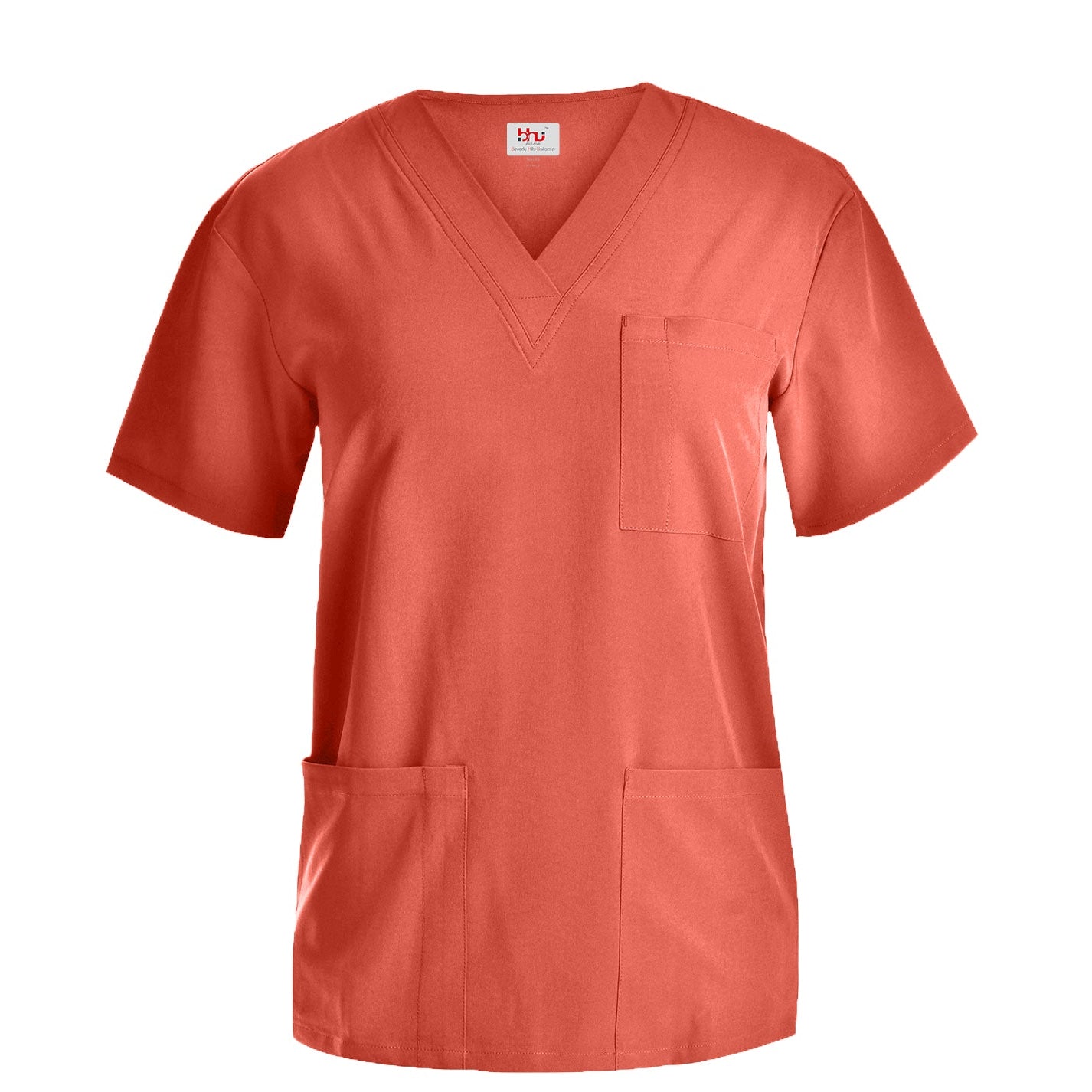 Tangerine-colored scrub set with top and pants on a white background