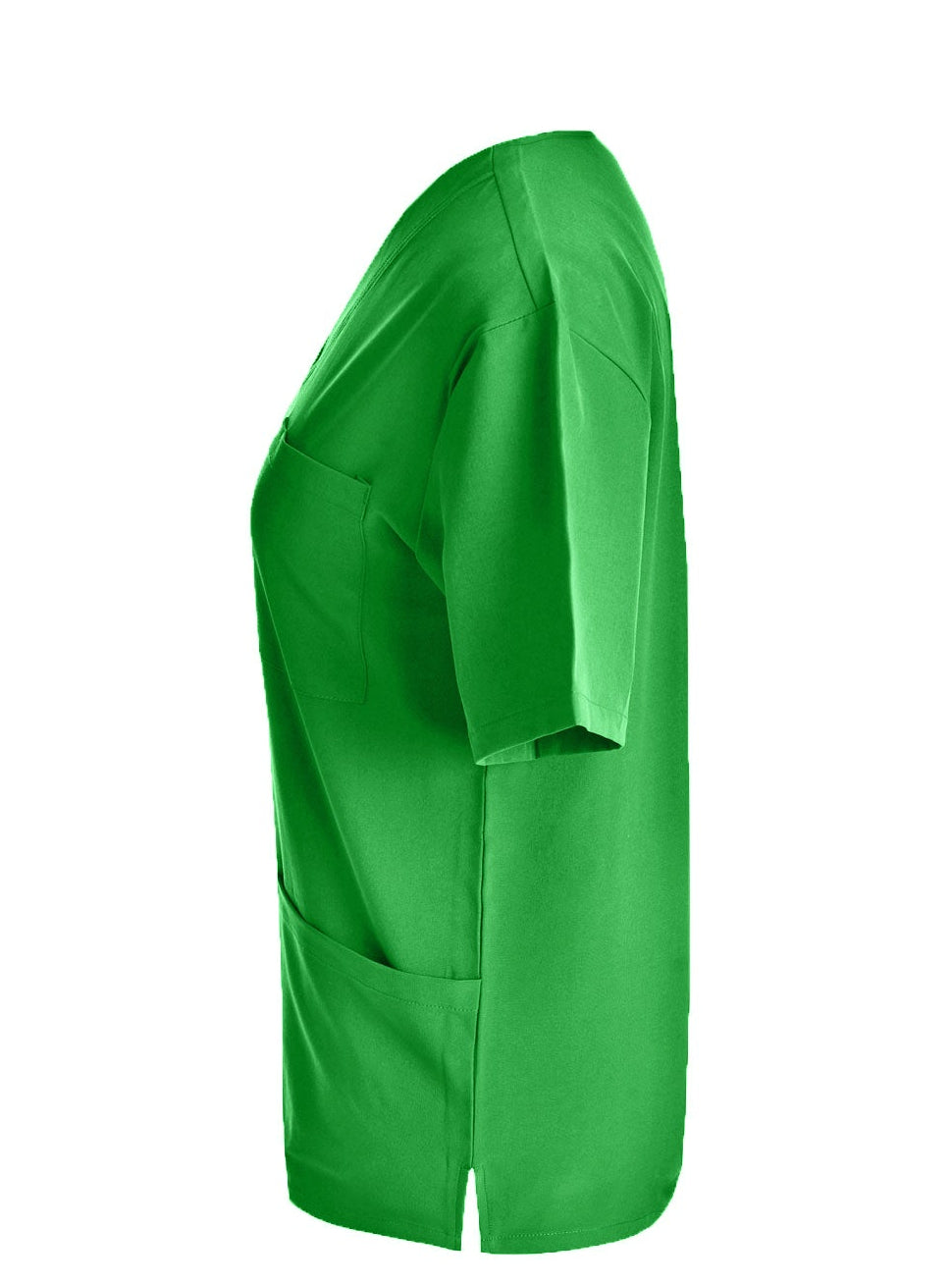 Green medical scrub set top, side view facing left on a white background