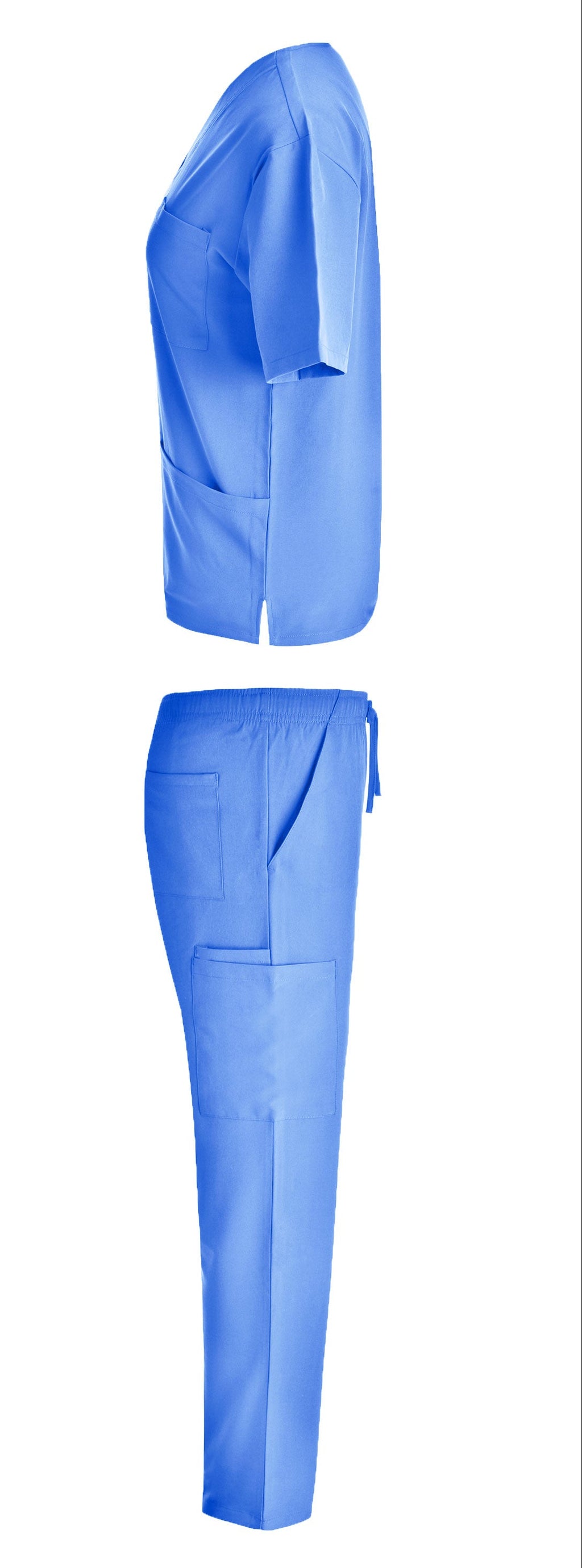 Blue medical scrub set with top and pants side view on a white background