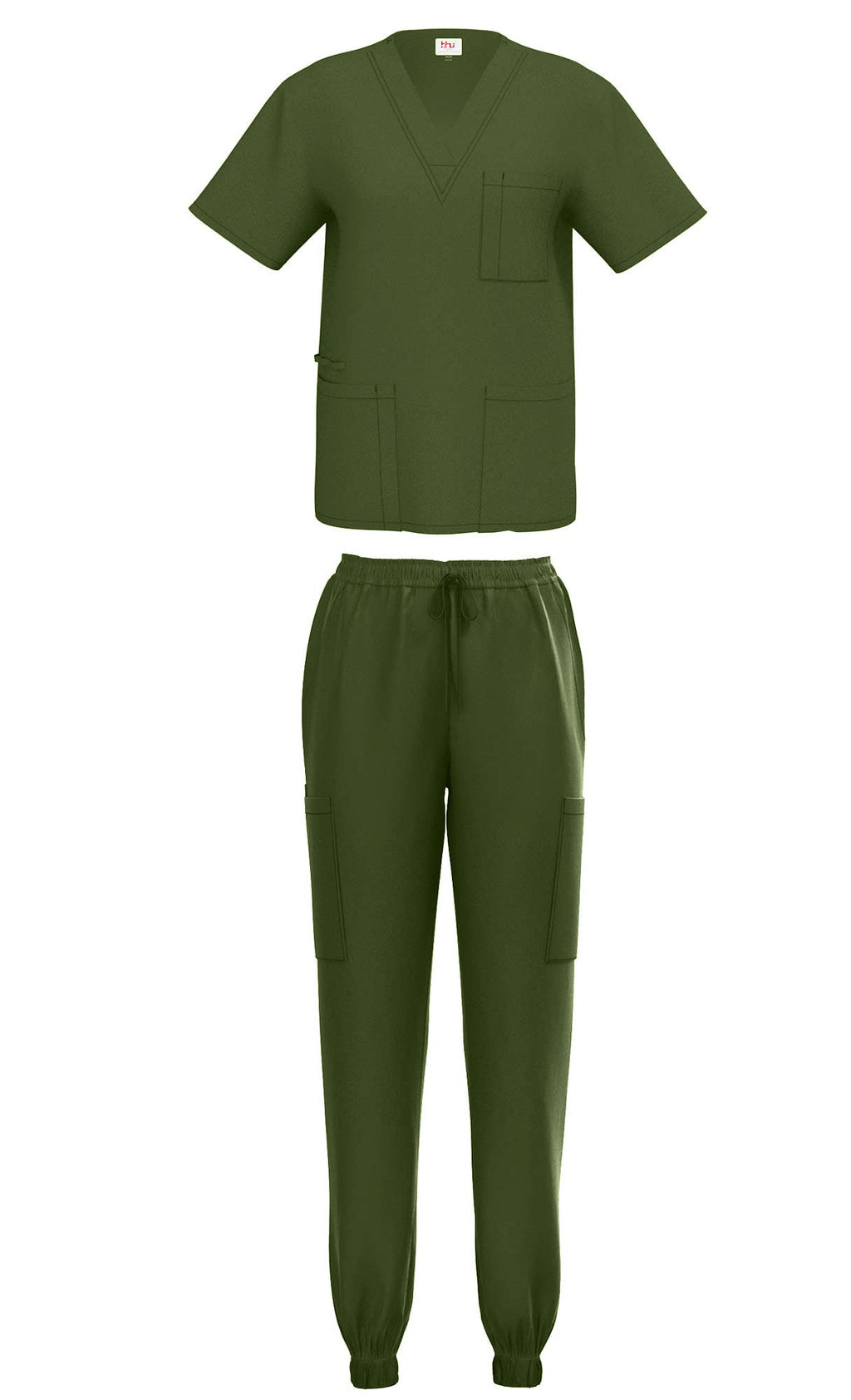 Green scrub set with top and pants on a white background