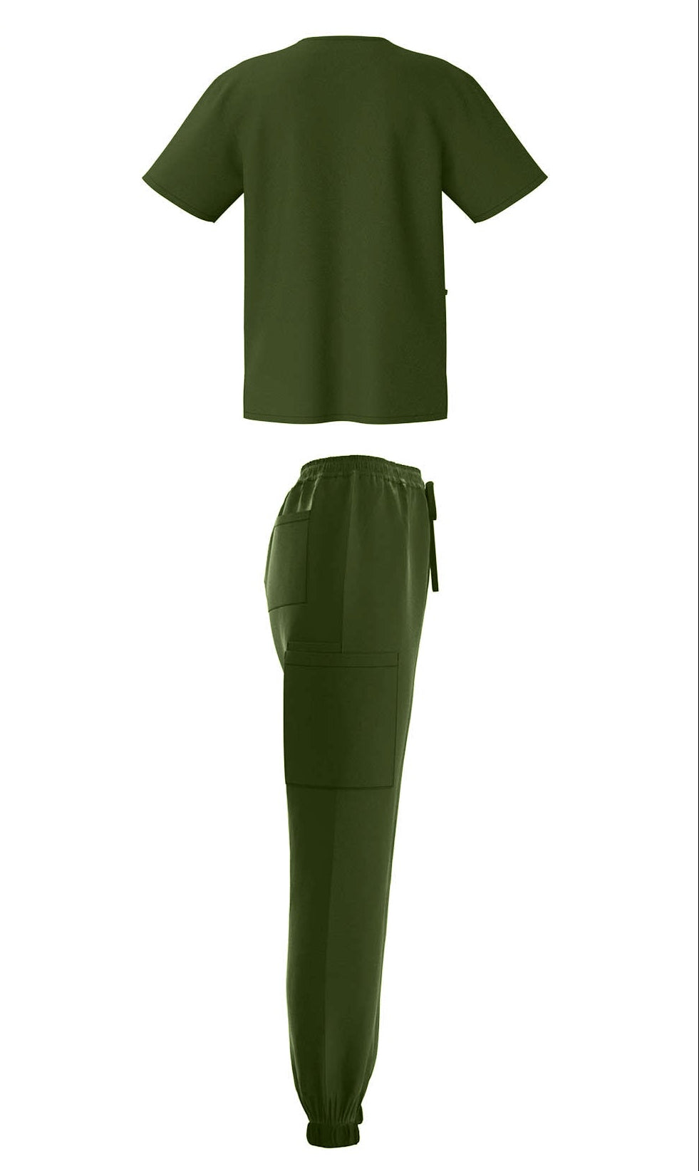 Green scrub set with top and pants on a white background