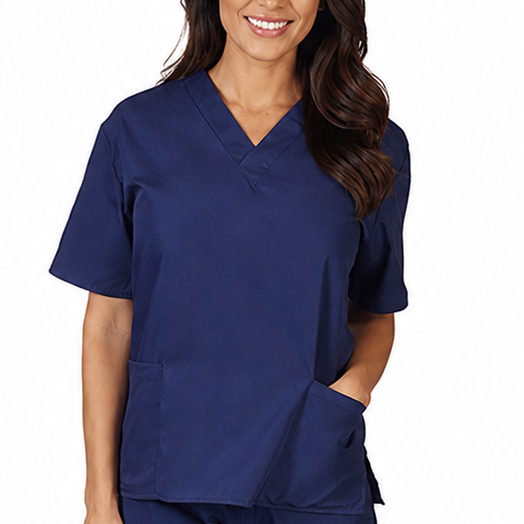 A woman modeling a navy blue scrub top, consisting of a short-sleeve V-neck, against a plain white background.