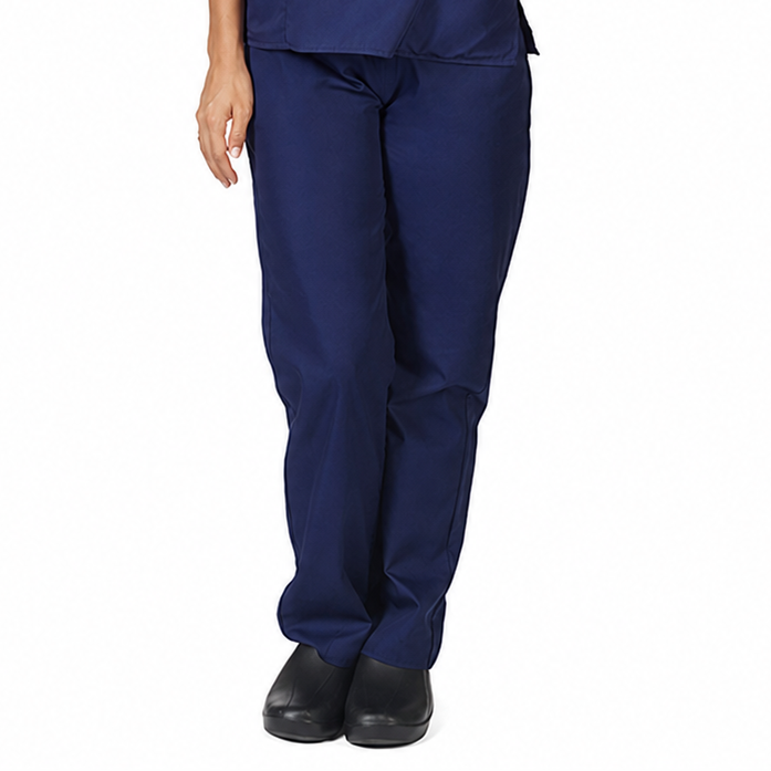 A woman modeling a matching navy blue straight-leg pants, against a plain white background.
