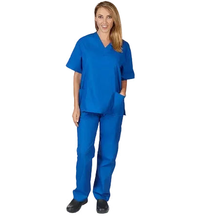 A woman modeling a bright blue scrub set consisting of a short-sleeve V-neck top and matching pants, paired with black shoes, against a plain white background.