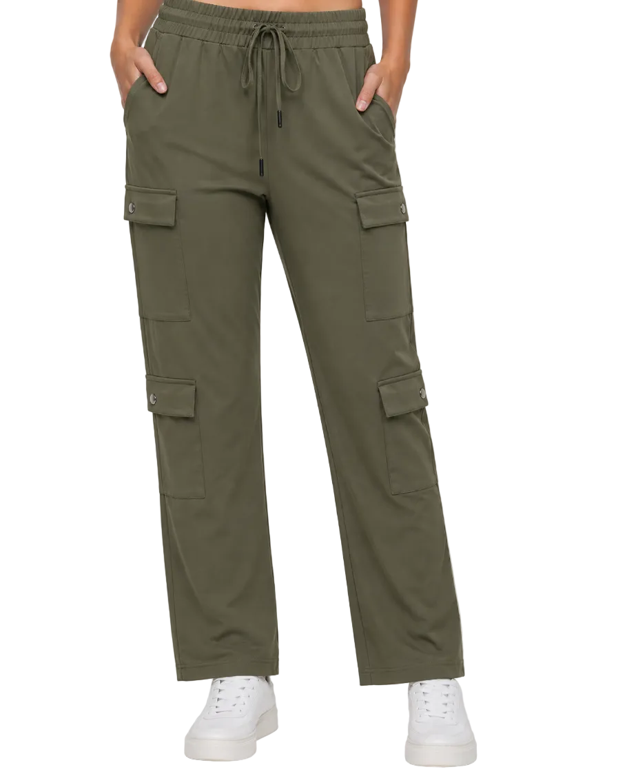 Olive green cargo pants worn by a person on a white background